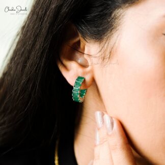 Solid 14k Gold Hoops Earrings With Natural Emerald