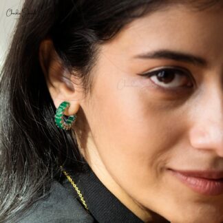 Solid 14k Gold Hoops Earrings With Natural Emerald