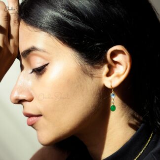 Solid 14k Yellow Gold 3 Stone Earring With 2.62 Ct Emerald And Aquamarine Dangle Earrings