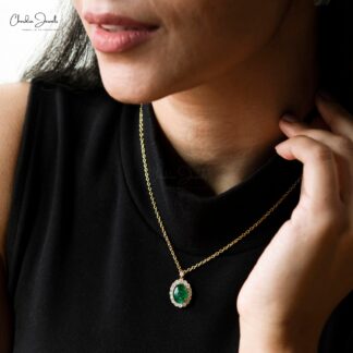 Statement Halo Necklace With 4.68 Ct Emerald Diamond Certified Necklace In 14k Yellow Gold