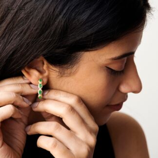 Halo Diamond Verified Hoop With 5x3mm Emerald Gemstone Women Earrings In 14k Yellow Gold