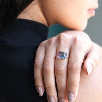 Single Stone Statement Ring in 14k Yellow Gold Bio Tourmaline 10.42 Ct Cushion Gemstone Ring