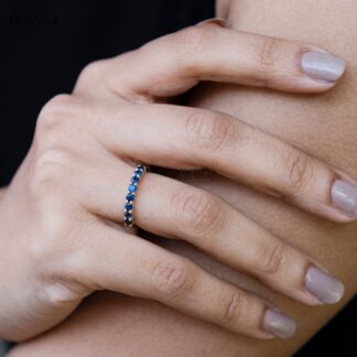 Stackable 14k Yellow Gold Band With 0.88 Ct Blue Sapphire Half Eternity Engagement Ring