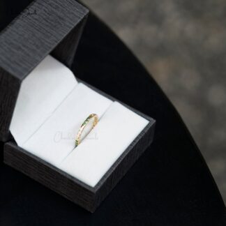 Natural Emerald & Diamond Stackable Ring In 14k Yellow Gold
