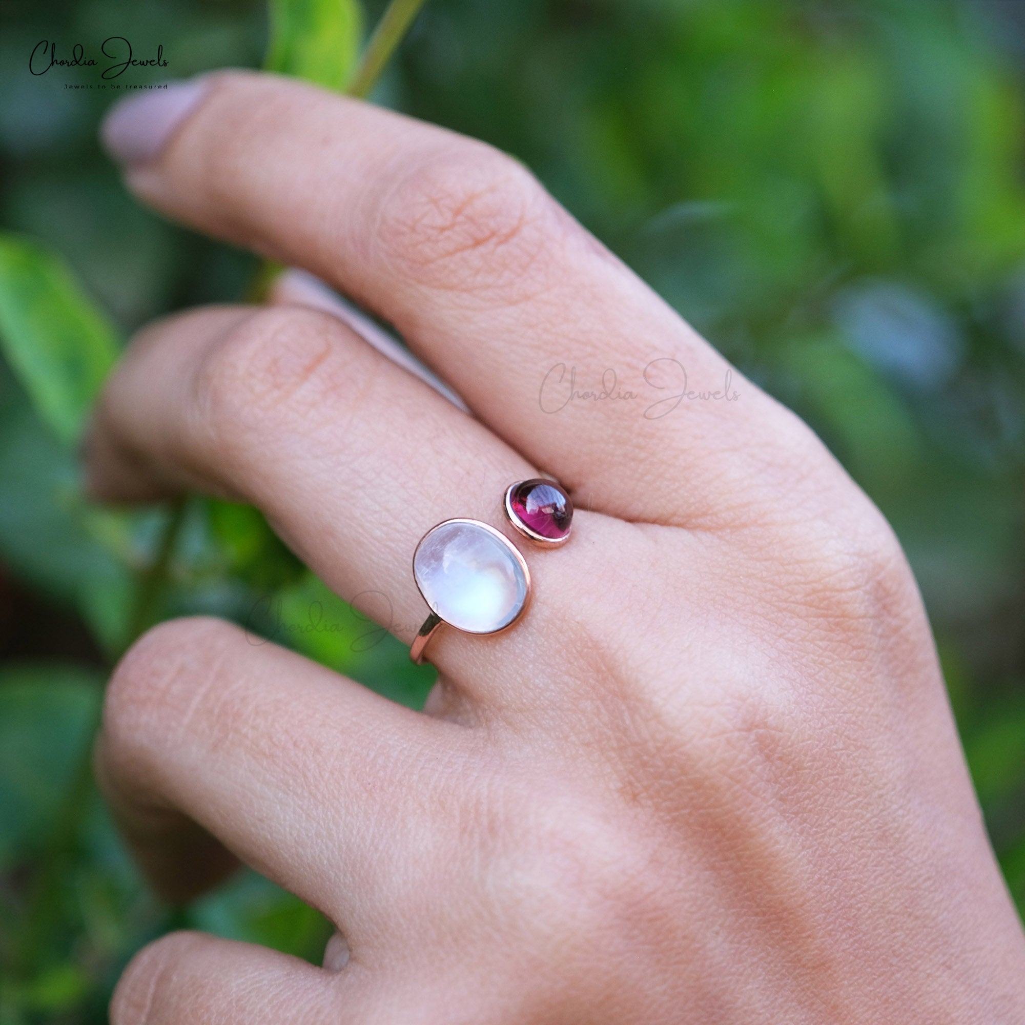 Open Cuff Rainbow Moonstone Ring With 6mm Rhodolite Garnet 14k Rose Gold 2 Stone Rings