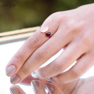 Solid 14k Rose Gold Open Cuff Ring With Oval Rose Quartz And Rhodolite Garnet Bridal Rings