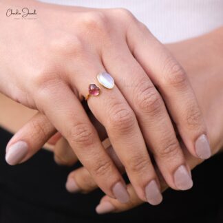 Split Shank Wedding Ring In 14k Yellow Gold Moonstone And Heart Tourmaline Open Cuff Rings