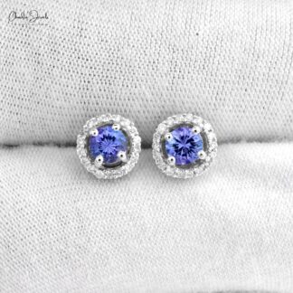 Elegant Tanzanite Diamond Halo Earrings in 14k Solid White Gold Round-Cut Delicate Studs For Gift