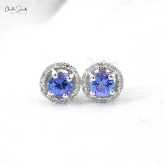 Elegant Tanzanite Diamond Halo Earrings in 14k Solid White Gold Round-Cut Delicate Studs For Gift