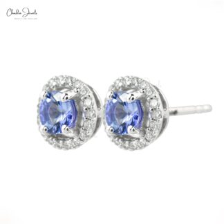 Elegant Tanzanite Diamond Halo Earrings in 14k Solid White Gold Round-Cut Delicate Studs For Gift
