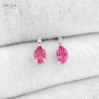 AAA Pink Tourmaline 2 Stone Earrings In 14k White Gold G-H Diamond Fine Bridal Jewelry