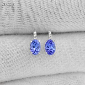 Dainty Tanzanite and Diamond Accented Earrings in 14k White Gold Handmade Jewelry For Women
