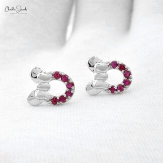 Mickey Head Kids Earring With 2mm Burma Ruby July Birthstone Studs In 14k White Gold