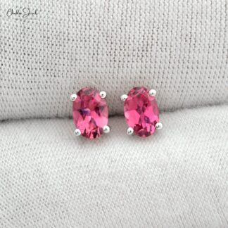 Single Gemstone Earrings In 14k White Gold Pink Tourmaline Dainty Solitaire Studs For Mom