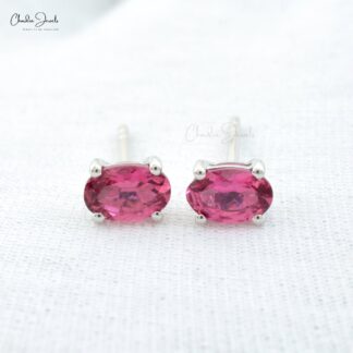 Single Gemstone Earrings In 14k White Gold Pink Tourmaline Dainty Solitaire Studs For Mom
