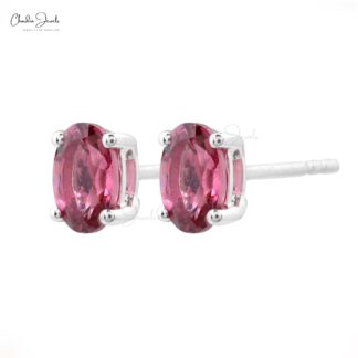 Single Gemstone Earrings In 14k White Gold Pink Tourmaline Dainty Solitaire Studs For Mom
