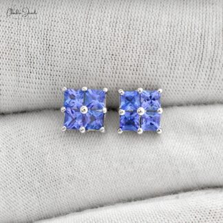 Square-Cut Tanzanite Cluster Earrings Genuine 1.5ct Gemstone in 14k White Gold Mini Studs