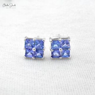 Square-Cut Tanzanite Cluster Earrings Genuine 1.5ct Gemstone in 14k White Gold Mini Studs
