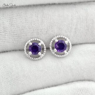 Solid 14k White Gold Solitaire Studs With 5mm Amethyst February Birthstone Earrings For Her