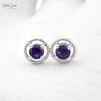 Solid 14k White Gold Solitaire Studs With 5mm Amethyst February Birthstone Earrings For Her