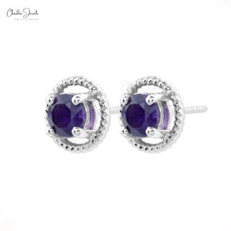 Solid 14k White Gold Solitaire Studs With 5mm Amethyst February Birthstone Earrings For Her