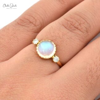 Real 14k Yellow Gold 3 Stone Wedding Ring With 8mm Rainbow Moonstone And Diamond Rings