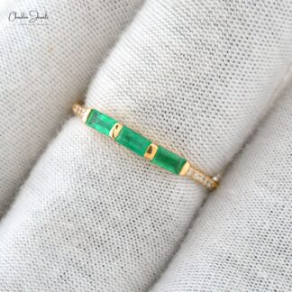 Triple Baguette Emerald Band In 14k Yellow Gold G-H Diamond Stacking Rings For Her
