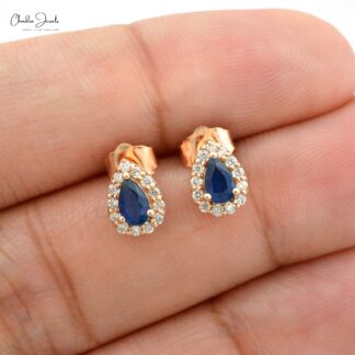 AAA Blue Sapphire Halo Studs In 14k Real Rose Gold Diamond Push Back Bridal Earrings