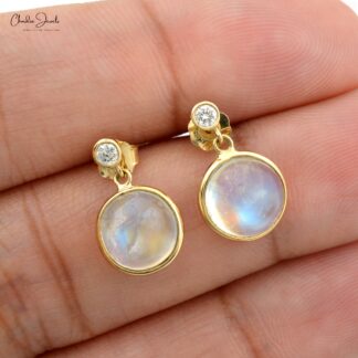 Genuine Rainbow Moonstone Dangling Earrings 14k Solid Yellow Gold Diamond Minimalist Studs 8mm Round Cut Gemstone Fine Jewelry