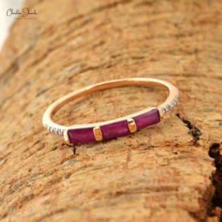 Dainty Diamond Ring With 4x2mm Baguette Ruby Trio Stone Wedding Ring In 14k Rose Gold