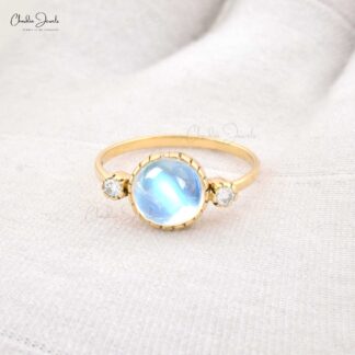 Real 14k Yellow Gold 3 Stone Wedding Ring With 8mm Rainbow Moonstone And Diamond Rings