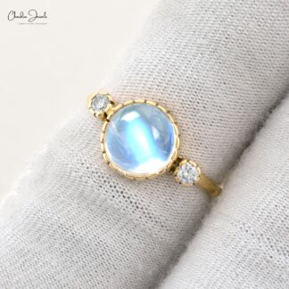 Real 14k Yellow Gold 3 Stone Wedding Ring With 8mm Rainbow Moonstone And Diamond Rings
