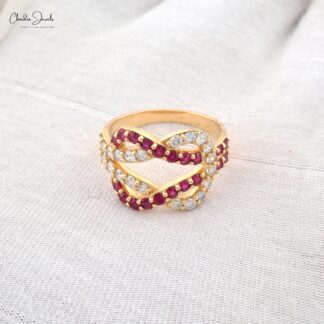 Crossover Pave Ring With 0.76 Ct Burma Ruby Diamond 14k Yellow Gold Overlapping Rings