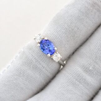 IGI Certified 3 Stone Ring In 14k White Gold Oval Tanzanite Diamond Proposal Rings