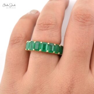 Stack Full Eternity Band With 6x4mm Emerald IGI Certified 14k Yellow Gold Women Ring