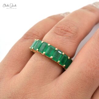 Stack Full Eternity Band With 6x4mm Emerald IGI Certified 14k Yellow Gold Women Ring