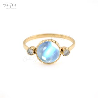 Real 14k Yellow Gold 3 Stone Wedding Ring With 8mm Rainbow Moonstone And Diamond Rings