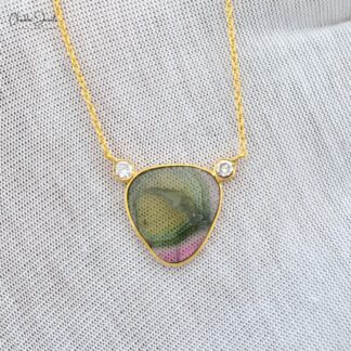 Diamond Accented Chain Necklace With 2.3 Ct Bio Tourmaline 14k Yellow Gold Women Necklaces