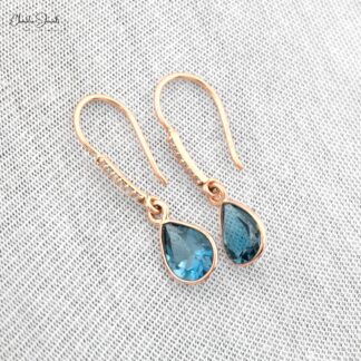 Natural London Blue Topaz Diamond Earrings 14k Solid Rose Gold Dangle Earrings For Her 8x6mm Pear Cut Gemstone Hallmarked Jewelry