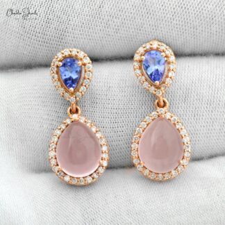 Pear Shape Dangle Earring In 14k Rose Gold Tanzanite & Rose Quartz Halo Diamond Earrings