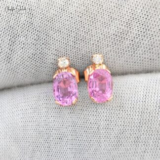 Prong Set Natural Pink Sapphire Earrings 7x5mm Oval Cut Gemstone Earrings 14k Solid Rose Gold Diamond Studs For Wedding Gift