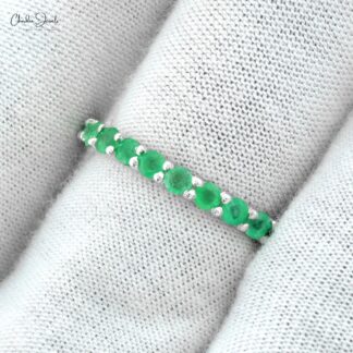 Brilliant Cut Dainty Band With 2.5mm Emerald Gemstone Eternity Ring In 14k White Gold
