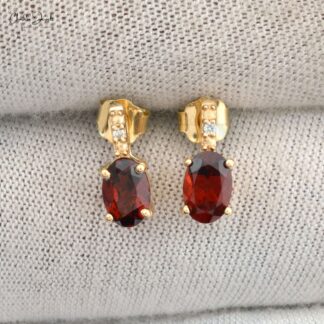 Natural Garnet Earrings 14k Solid Yellow Gold Diamond Earrings 6x4mm Oval Cut Gemstone Earrings For January Birthstone