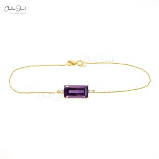 Baguette Amethyst Bracelet With Dainty Diamond 14k Yellow Gold Chain Bracelets For Her