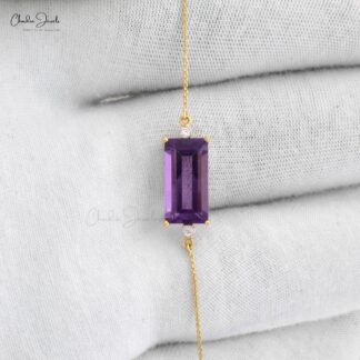 Baguette Amethyst Bracelet With Dainty Diamond 14k Yellow Gold Chain Bracelets For Her