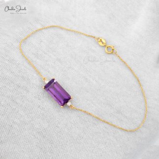 Baguette Amethyst Bracelet With Dainty Diamond 14k Yellow Gold Chain Bracelets For Her