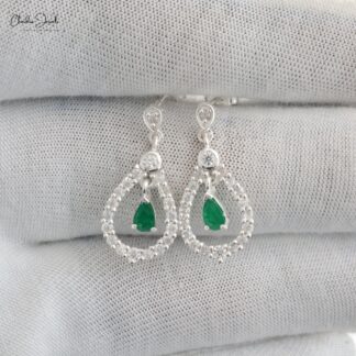 Natural Emerald Dangling Earring In 925 Sterling Silver Zircon Halo Women Earrings