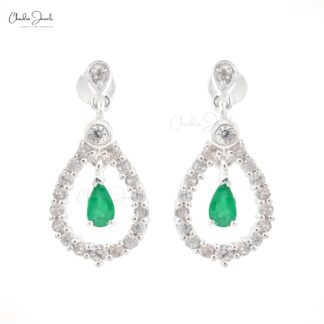 Natural Emerald Dangling Earring In 925 Sterling Silver Zircon Halo Women Earrings