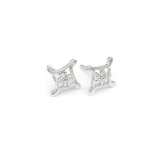 Cluster Basic Stud With 0.14 Ct Small Diamond 14k Real White Gold 4 Stone Earrings