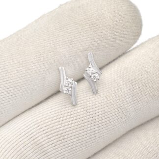 Two Stone Round Cut Stud With 1.9mm White Diamond Hallmarked Earrings In 14k White Gold